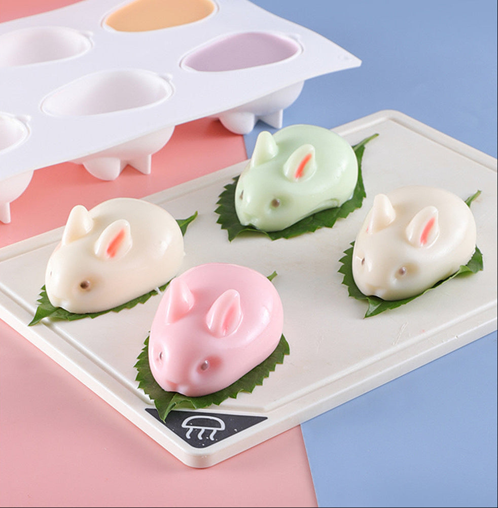 Rabbit-shaped silicone dessert mold with shaped desserts